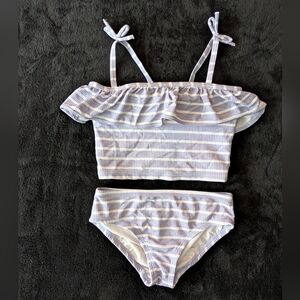 Hanna Andersson Girls Ruffle Lavender Purple Stripe 2 Piece Swim Bathing Suit